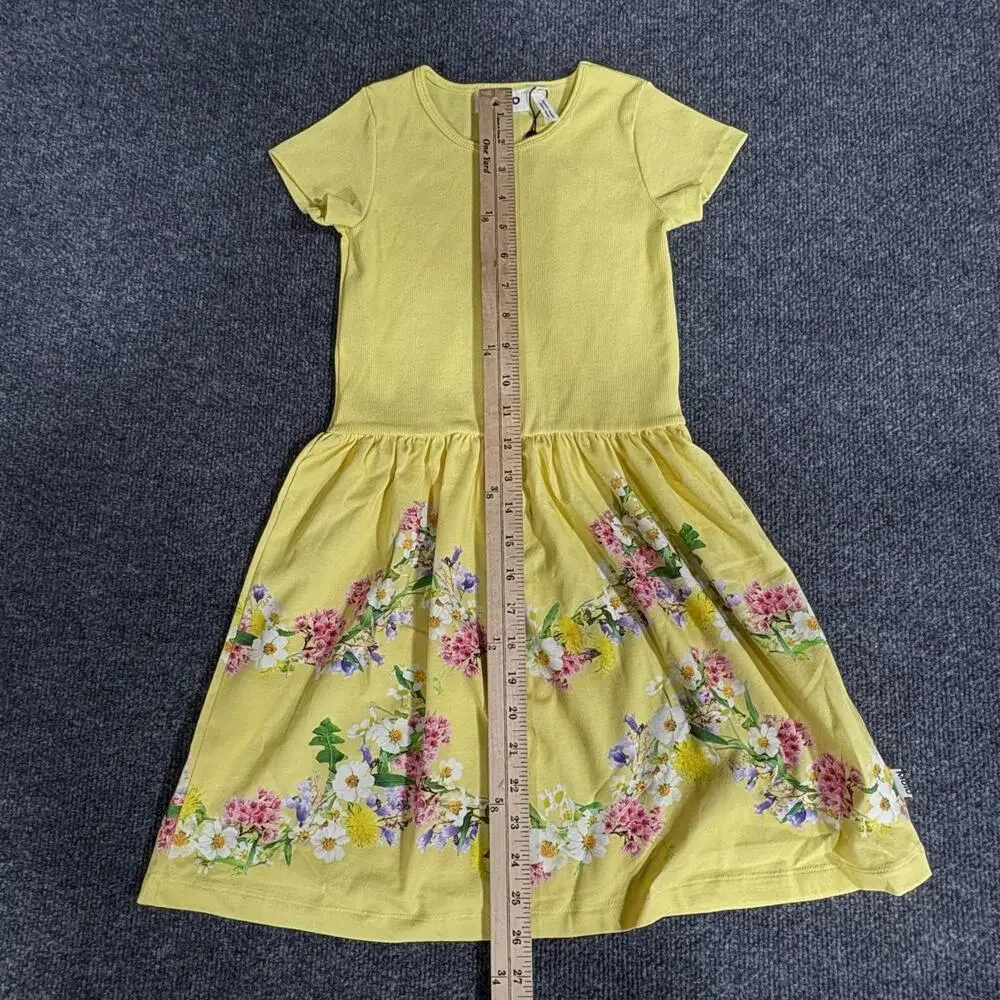 Molo Dress Girls 7-8 Yellow Floral Print Short Sleeve Organic Cotton Fit Flare